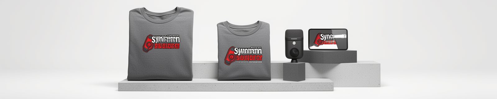 Syncron tees, a speaker and a phone on a studio shelf